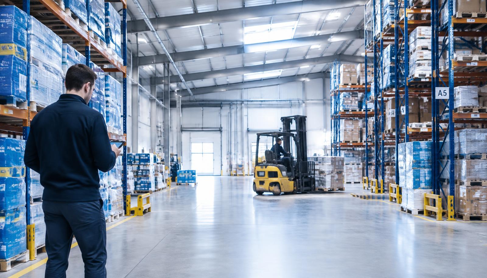 Warehouse with palletised goods ready for supply